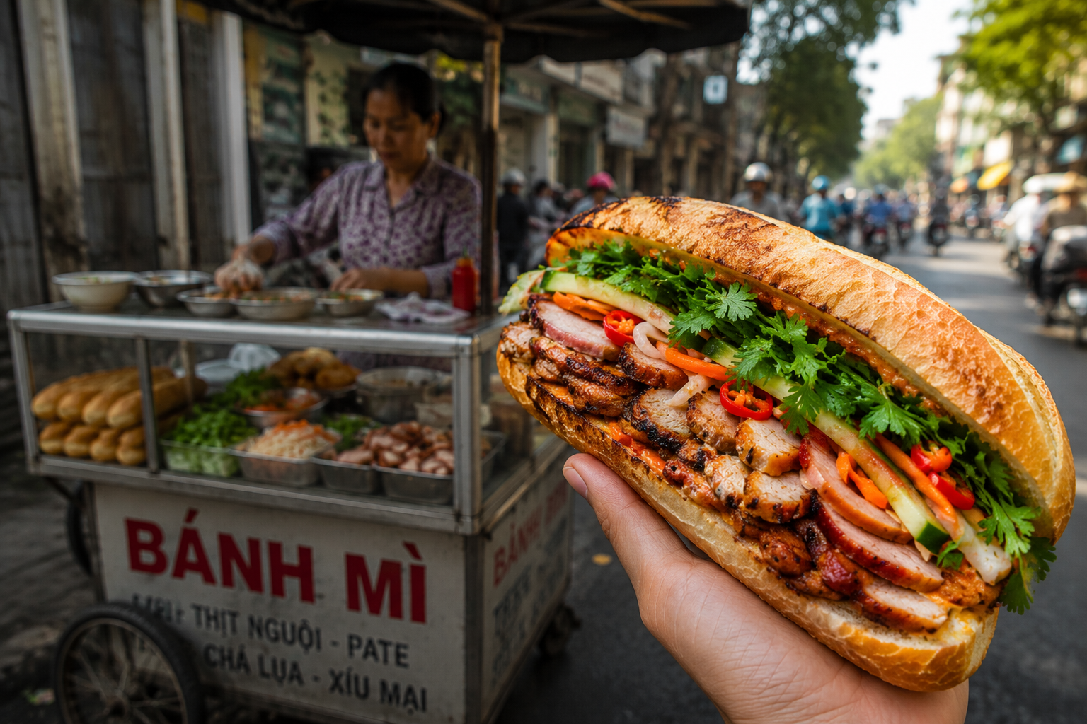 Close-up cross-section of a bánh mì loaded with fillings, Saigon 1954